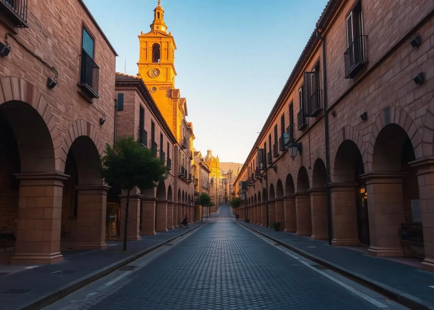 Ilustración de una calle porticada al amanecer